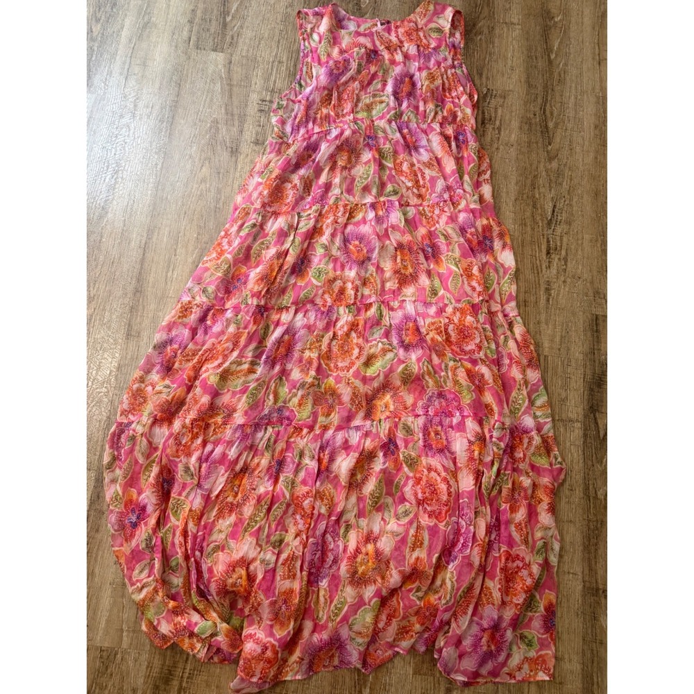 Jade Floral Tiered Maxi Dress Pink Orange Sleeveless XL Boho Summer Beach